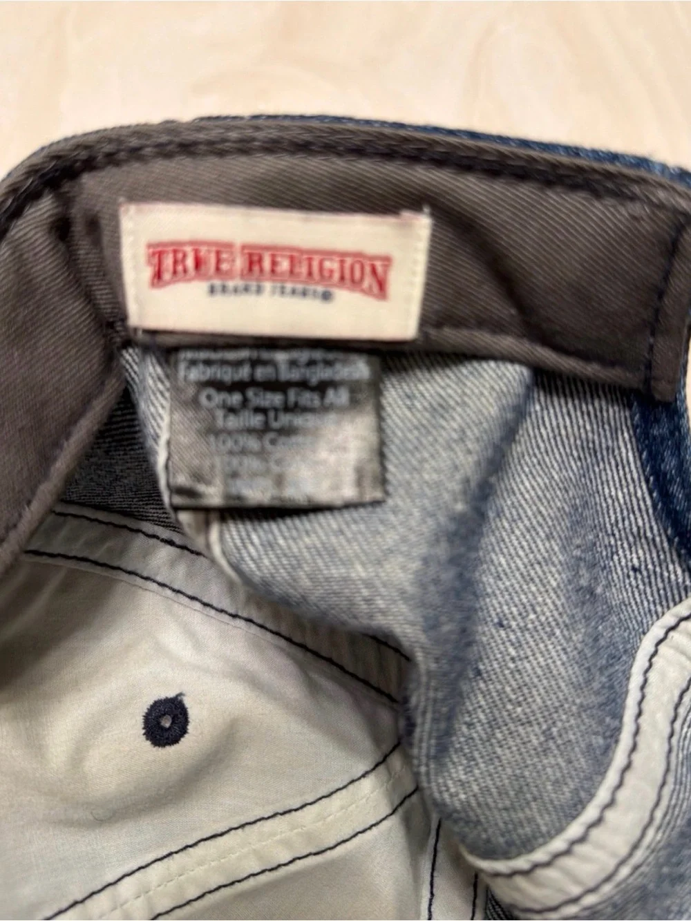 True Religion Blue Denim Baseball Cap with Embroidered Buddha Guitar